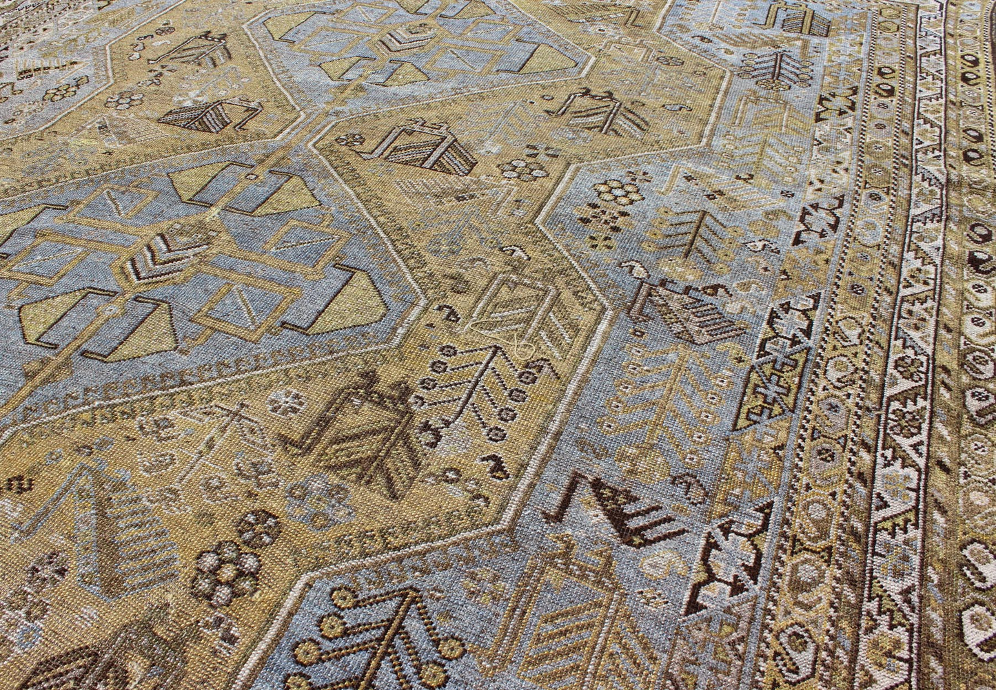 Geometric Vintage Persian Shiraz Rug Tri - Medallion Design in Lavender and Olive Persian vintage Shiraz carpet in olive and lavender with geometric medallions, rug/GNG - 4754, country of origin / type: Iran / Shiraz, circa 1930. This vintage... - Keivan Woven ArtsGNG - 4754 - 9930Rug