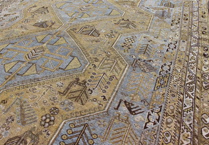 Geometric Vintage Persian Shiraz Rug Tri - Medallion Design in Lavender and Olive Persian vintage Shiraz carpet in olive and lavender with geometric medallions, rug/GNG - 4754, country of origin / type: Iran / Shiraz, circa 1930. This vintage... - Keivan Woven ArtsGNG - 4754 - 9930Rug