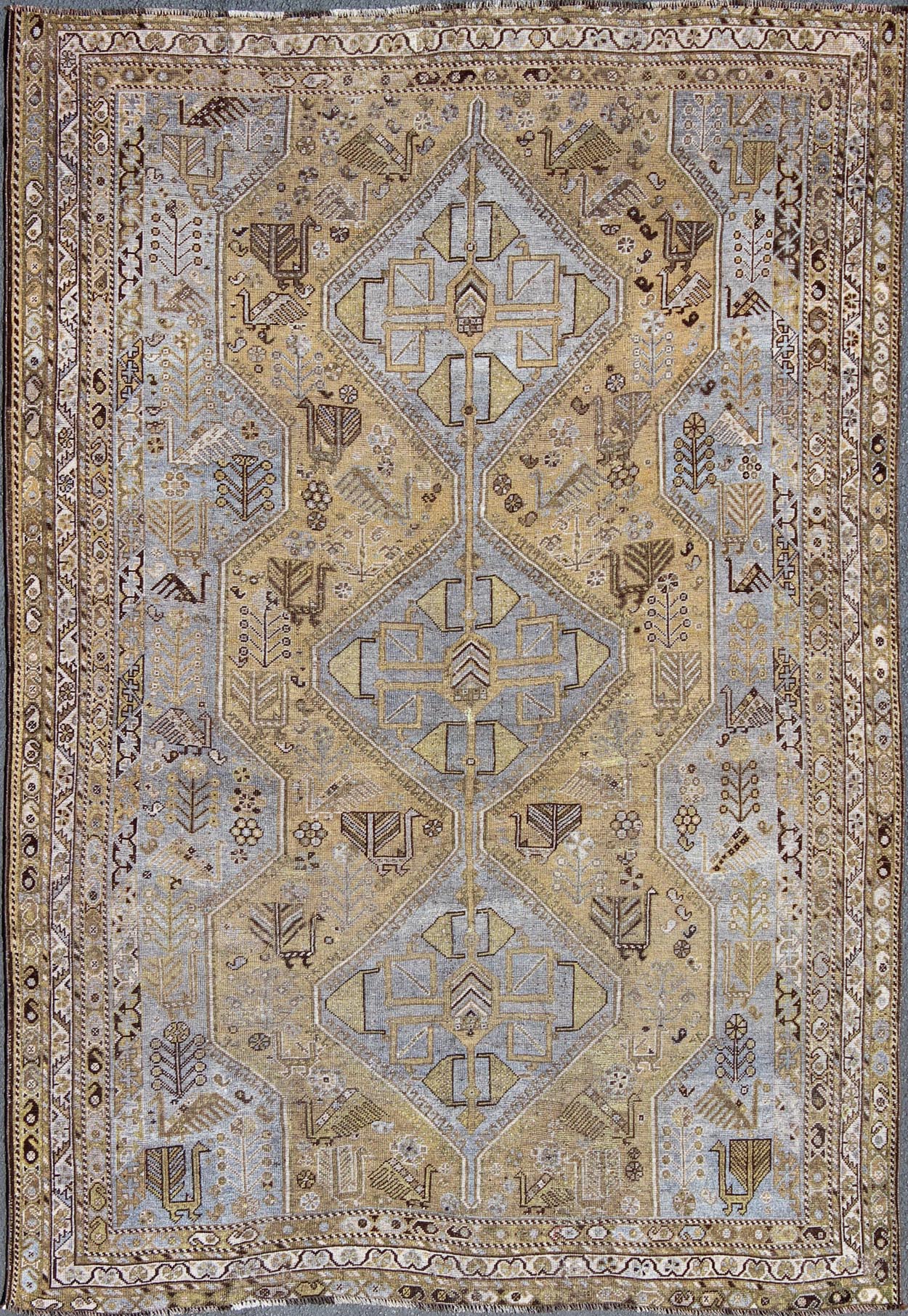 Geometric Vintage Persian Shiraz Rug Tri - Medallion Design in Lavender and Olive Persian vintage Shiraz carpet in olive and lavender with geometric medallions, rug/GNG - 4754, country of origin / type: Iran / Shiraz, circa 1930. This vintage... - Keivan Woven ArtsGNG - 4754 - 9930Rug