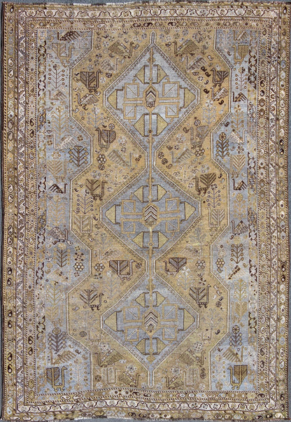 Geometric Vintage Persian Shiraz Rug Tri - Medallion Design in Lavender and Olive Persian vintage Shiraz carpet in olive and lavender with geometric medallions, rug/GNG - 4754, country of origin / type: Iran / Shiraz, circa 1930. This vintage... - Keivan Woven ArtsGNG - 4754 - 9930Rug
