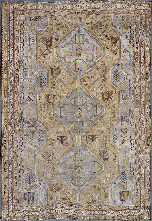 Geometric Vintage Persian Shiraz Rug Tri - Medallion Design in Lavender and Olive Persian vintage Shiraz carpet in olive and lavender with geometric medallions, rug/GNG - 4754, country of origin / type: Iran / Shiraz, circa 1930. This vintage... - Keivan Woven ArtsGNG - 4754 - 9930Rug