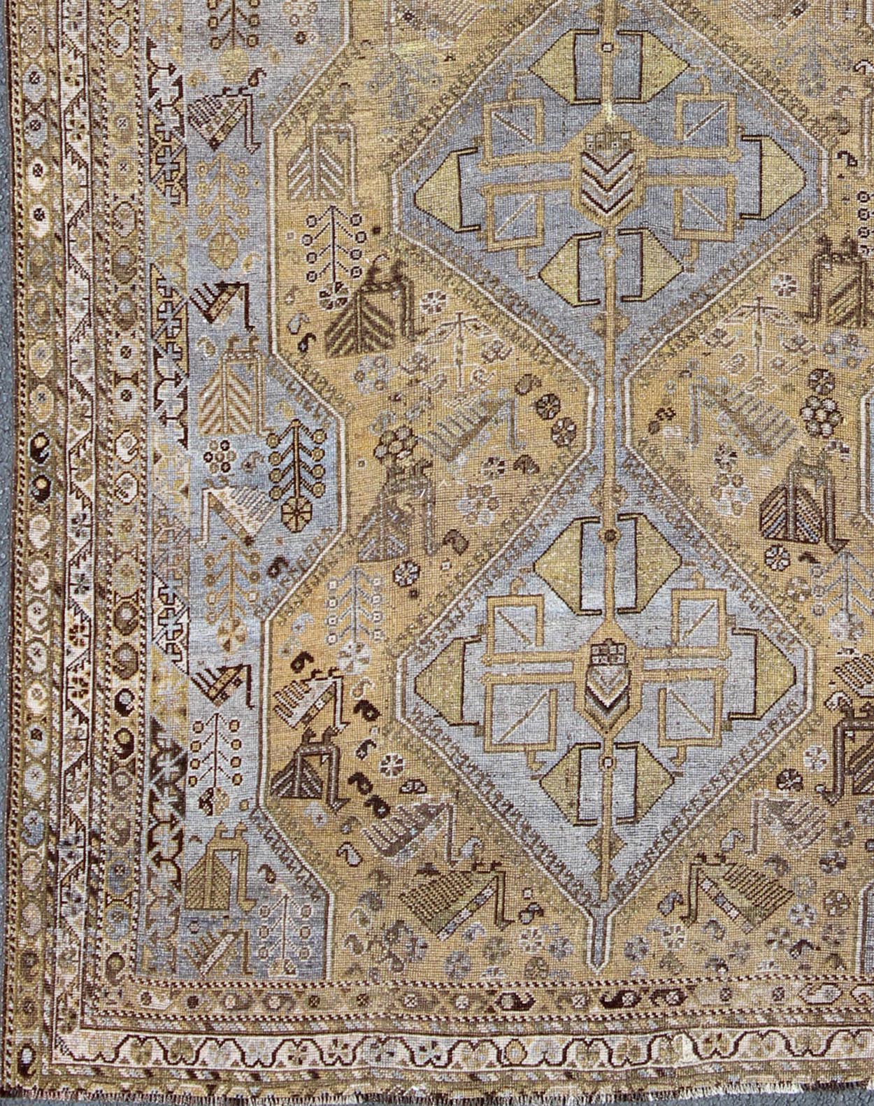 Geometric Vintage Persian Shiraz Rug Tri - Medallion Design in Lavender and Olive Persian vintage Shiraz carpet in olive and lavender with geometric medallions, rug/GNG - 4754, country of origin / type: Iran / Shiraz, circa 1930. This vintage... - Keivan Woven ArtsGNG - 4754 - 9930Rug