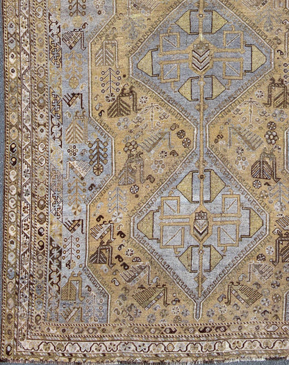 Geometric Vintage Persian Shiraz Rug Tri - Medallion Design in Lavender and Olive Persian vintage Shiraz carpet in olive and lavender with geometric medallions, rug/GNG - 4754, country of origin / type: Iran / Shiraz, circa 1930. This vintage... - Keivan Woven ArtsGNG - 4754 - 9930Rug