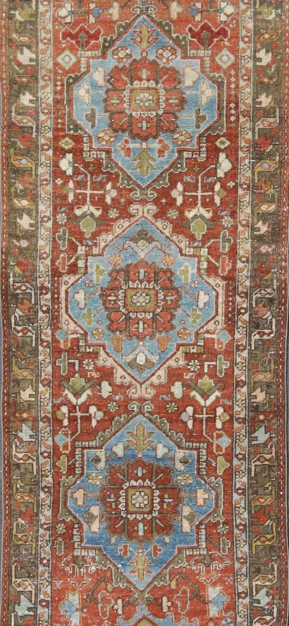 Antique Persian Heriz Runner with Geometric Medallion Design in Red, Olive, Blue Sub - Geometric Medallion Design Persian Heriz Antique Runner in Olive, Red, Blue Tones, rug gng - 4767, country of origin / type: Iran / Heriz, circa 1920 This... - Keivan Woven ArtsGNG - 4767 - 9950Rug