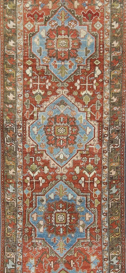 Antique Persian Heriz Runner with Geometric Medallion Design in Red, Olive, Blue Sub - Geometric Medallion Design Persian Heriz Antique Runner in Olive, Red, Blue Tones, rug gng - 4767, country of origin / type: Iran / Heriz, circa 1920 This... - Keivan Woven ArtsGNG - 4767 - 9950Rug