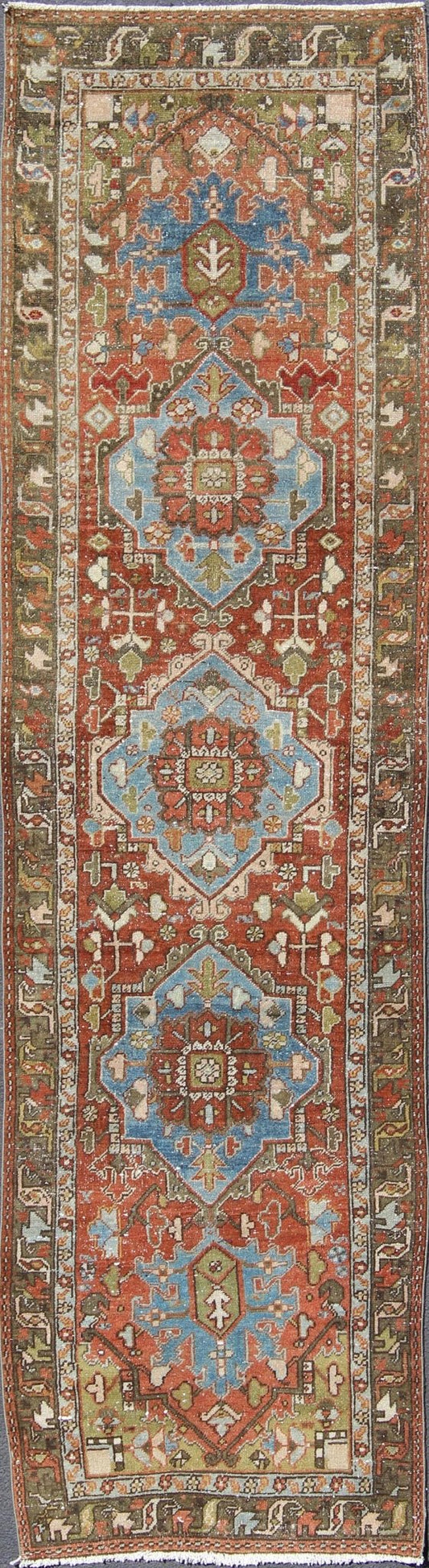 Antique Persian Heriz Runner with Geometric Medallion Design in Red, Olive, Blue Sub - Geometric Medallion Design Persian Heriz Antique Runner in Olive, Red, Blue Tones, rug gng - 4767, country of origin / type: Iran / Heriz, circa 1920 This... - Keivan Woven ArtsGNG - 4767 - 9950Rug