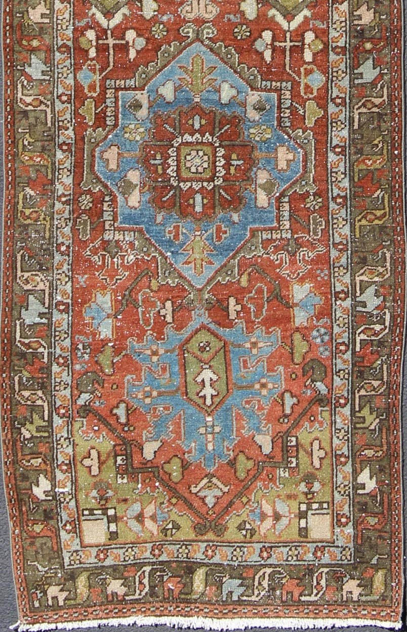 Antique Persian Heriz Runner with Geometric Medallion Design in Red, Olive, Blue Sub - Geometric Medallion Design Persian Heriz Antique Runner in Olive, Red, Blue Tones, rug gng - 4767, country of origin / type: Iran / Heriz, circa 1920 This... - Keivan Woven ArtsGNG - 4767 - 9950Rug