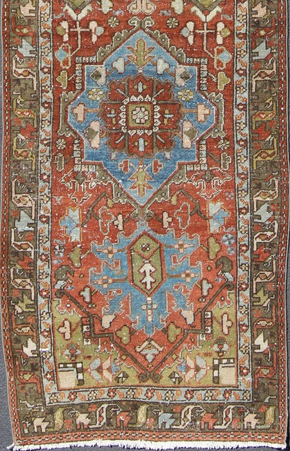 Antique Persian Heriz Runner with Geometric Medallion Design in Red, Olive, Blue Sub - Geometric Medallion Design Persian Heriz Antique Runner in Olive, Red, Blue Tones, rug gng - 4767, country of origin / type: Iran / Heriz, circa 1920 This... - Keivan Woven ArtsGNG - 4767 - 9950Rug