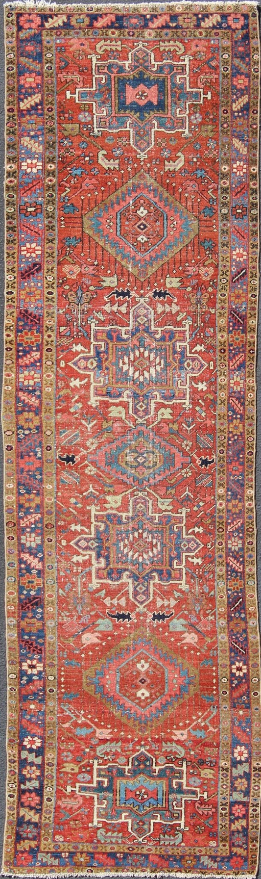 Sub - Geometric Medallion Antique Persian Heriz Runner in Red and Blue Heriz Persian antique rug with sub - geometric motifs and six medallions in colorful Tones, Keivan Woven Arts / rug gng - 4770, country of origin / type: Iran / Heriz, circa 1920 ... - Keivan Woven ArtsGNG - 4770 - 9954Rug