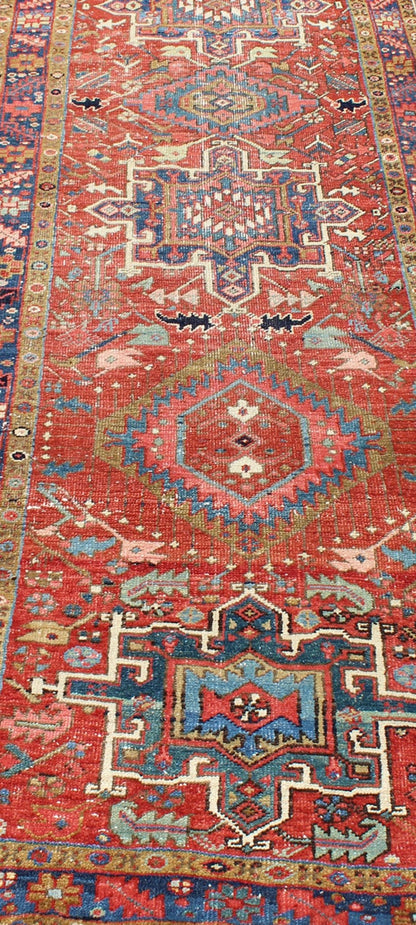 Sub - Geometric Medallion Antique Persian Heriz Runner in Red and Blue Heriz Persian antique rug with sub - geometric motifs and six medallions in colorful Tones, Keivan Woven Arts / rug gng - 4770, country of origin / type: Iran / Heriz, circa 1920 ... - Keivan Woven ArtsGNG - 4770 - 9954Rug