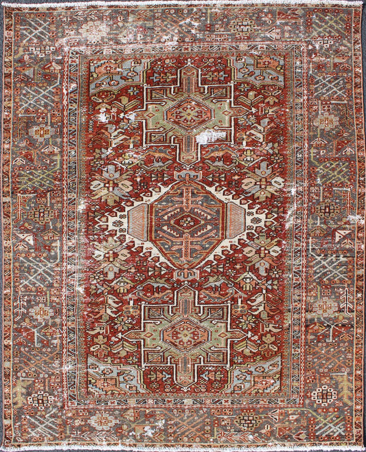 Keivan Woven Arts, Gng - 4771, 1920s Distressed Heriz Tribal. Antique Persian distressed Heriz rug with three medallion Geometric Tribal design, rug GNG - 4771, country of origin / type: Iran / Heriz, circa 1920. This early 20th century, handwoven a... - Keivan Woven ArtsGNG - 4771 - 9960Rug