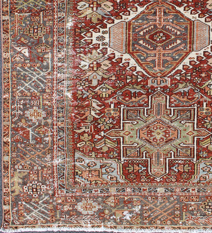 Keivan Woven Arts, Gng - 4771, 1920s Distressed Heriz Tribal. Antique Persian distressed Heriz rug with three medallion Geometric Tribal design, rug GNG - 4771, country of origin / type: Iran / Heriz, circa 1920. This early 20th century, handwoven a... - Keivan Woven ArtsGNG - 4771 - 9960Rug