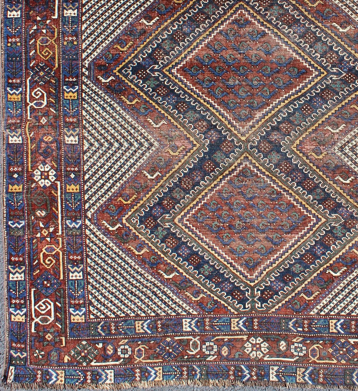 Keivan Woven Arts, Gng - 4772, Tri - Medallion Antique Afshar Rug in Colorful Tones Brown and gray blue. Multicolored Afshar Antique rug from Persia with unique diamond geometric design, rug gng - 4772, country of origin / type: Iran / Afshar, circa 1910s. ... - Keivan Woven ArtsGNG - 4772 - 9964Rug