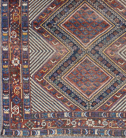 Keivan Woven Arts, Gng - 4772, Tri - Medallion Antique Afshar Rug in Colorful Tones Brown and gray blue. Multicolored Afshar Antique rug from Persia with unique diamond geometric design, rug gng - 4772, country of origin / type: Iran / Afshar, circa 1910s. ... - Keivan Woven ArtsGNG - 4772 - 9964Rug