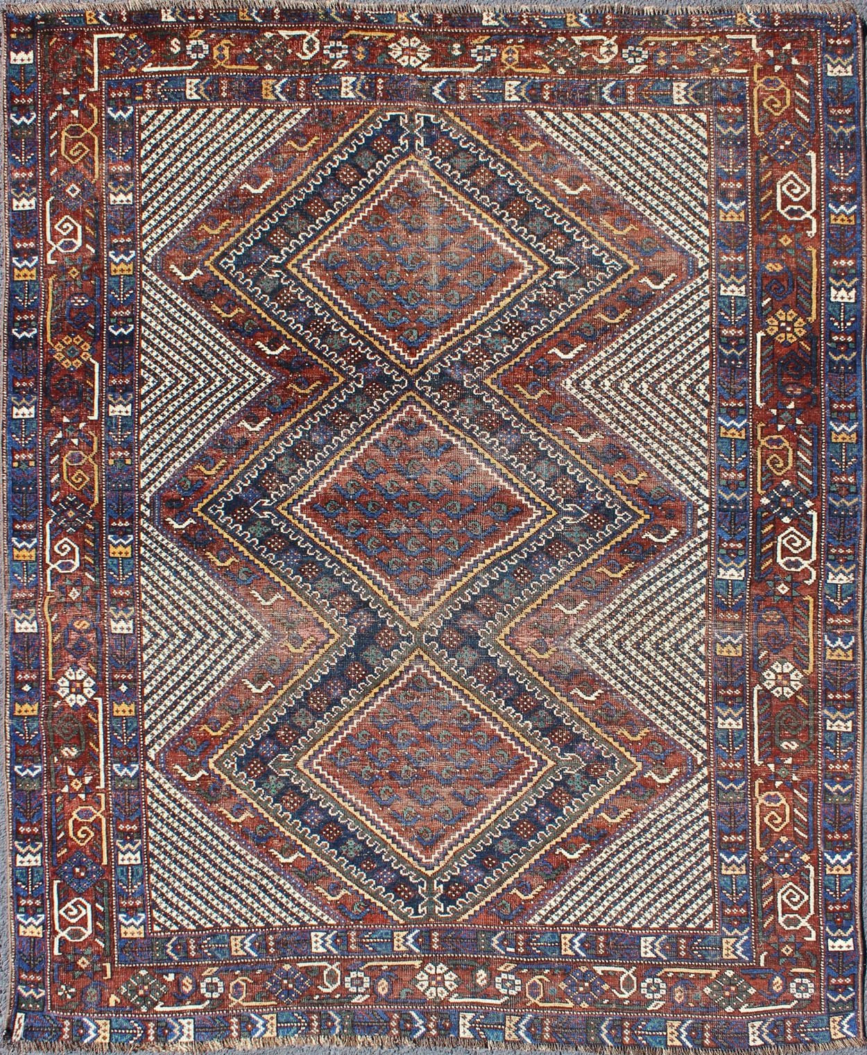 Keivan Woven Arts, Gng - 4772, Tri - Medallion Antique Afshar Rug in Colorful Tones Brown and gray blue. Multicolored Afshar Antique rug from Persia with unique diamond geometric design, rug gng - 4772, country of origin / type: Iran / Afshar, circa 1910s. ... - Keivan Woven ArtsGNG - 4772 - 9964Rug
