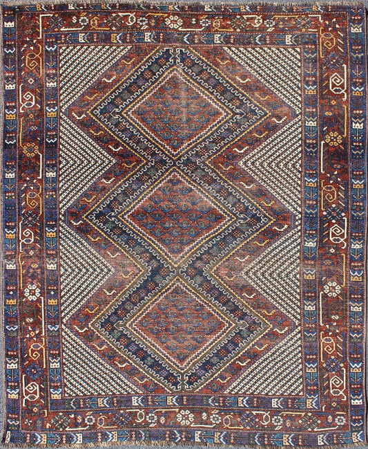 Keivan Woven Arts, Gng - 4772, Tri - Medallion Antique Afshar Rug in Colorful Tones Brown and gray blue. Multicolored Afshar Antique rug from Persia with unique diamond geometric design, rug gng - 4772, country of origin / type: Iran / Afshar, circa 1910s. ... - Keivan Woven ArtsGNG - 4772 - 9964Rug