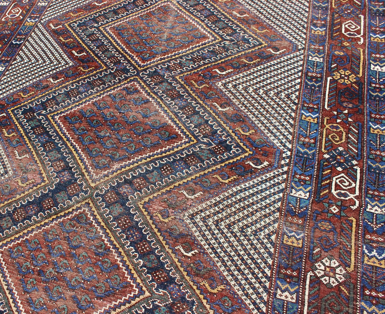 Keivan Woven Arts, Gng - 4772, Tri - Medallion Antique Afshar Rug in Colorful Tones Brown and gray blue. Multicolored Afshar Antique rug from Persia with unique diamond geometric design, rug gng - 4772, country of origin / type: Iran / Afshar, circa 1910s. ... - Keivan Woven ArtsGNG - 4772 - 9964Rug