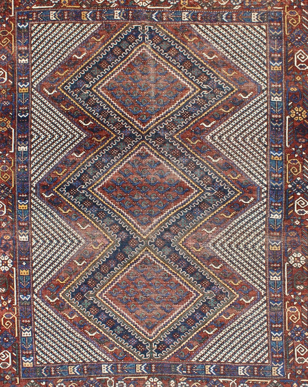 Keivan Woven Arts, Gng - 4772, Tri - Medallion Antique Afshar Rug in Colorful Tones Brown and gray blue. Multicolored Afshar Antique rug from Persia with unique diamond geometric design, rug gng - 4772, country of origin / type: Iran / Afshar, circa 1910s. ... - Keivan Woven ArtsGNG - 4772 - 9964Rug
