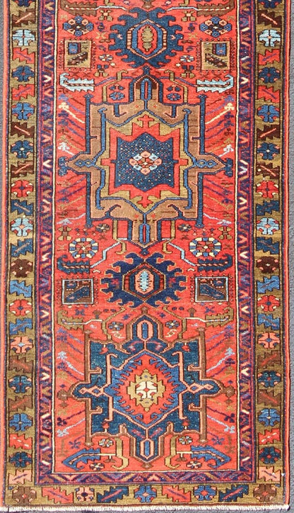 Keivan Woven Arts, Gng - 4773, Antique Heriz Karadjeh Runner with brilliant colors. This antique Karadjeh runner from 1920's displays brilliant colors is rendered in a geometric medallion design and colors such as blue, red, acid green, salmon pink, and ... - Keivan Woven ArtsGNG - 4773 - 9968Rug