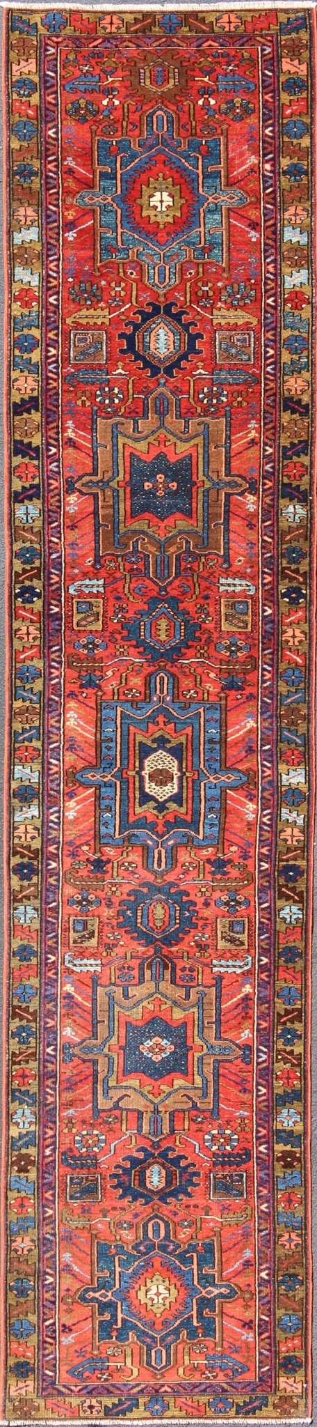 Keivan Woven Arts, Gng - 4773, Antique Heriz Karadjeh Runner with brilliant colors. This antique Karadjeh runner from 1920's displays brilliant colors is rendered in a geometric medallion design and colors such as blue, red, acid green, salmon pink, and ... - Keivan Woven ArtsGNG - 4773 - 9968Rug