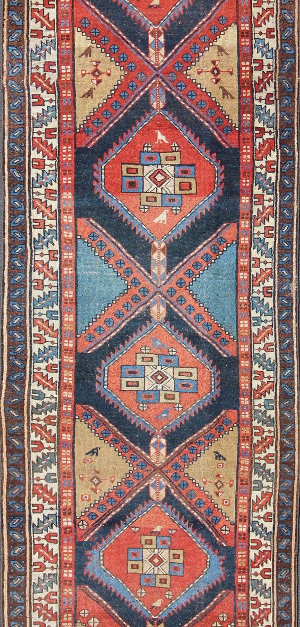 Bold Medallion Design Antique Hand Knotted Persian Heriz Runner in Red and Blue Tones Persian Heriz antique gallery rug with Sub - geometric medallion design in colorful tones, Keivan Woven Arts / rug gng - 4774, country of origin / type: Iran / Her... - Keivan Woven ArtsGNG - 4774 - 9972Rug