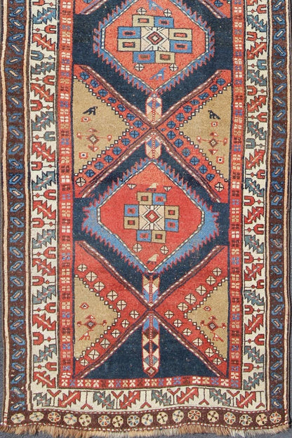 Bold Medallion Design Antique Hand Knotted Persian Heriz Runner in Red and Blue Tones Persian Heriz antique gallery rug with Sub - geometric medallion design in colorful tones, Keivan Woven Arts / rug gng - 4774, country of origin / type: Iran / Her... - Keivan Woven ArtsGNG - 4774 - 9972Rug