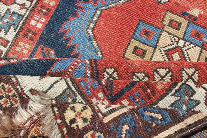 Bold Medallion Design Antique Hand Knotted Persian Heriz Runner in Red and Blue Tones Persian Heriz antique gallery rug with Sub - geometric medallion design in colorful tones, Keivan Woven Arts / rug gng - 4774, country of origin / type: Iran / Her... - Keivan Woven ArtsGNG - 4774 - 9972Rug