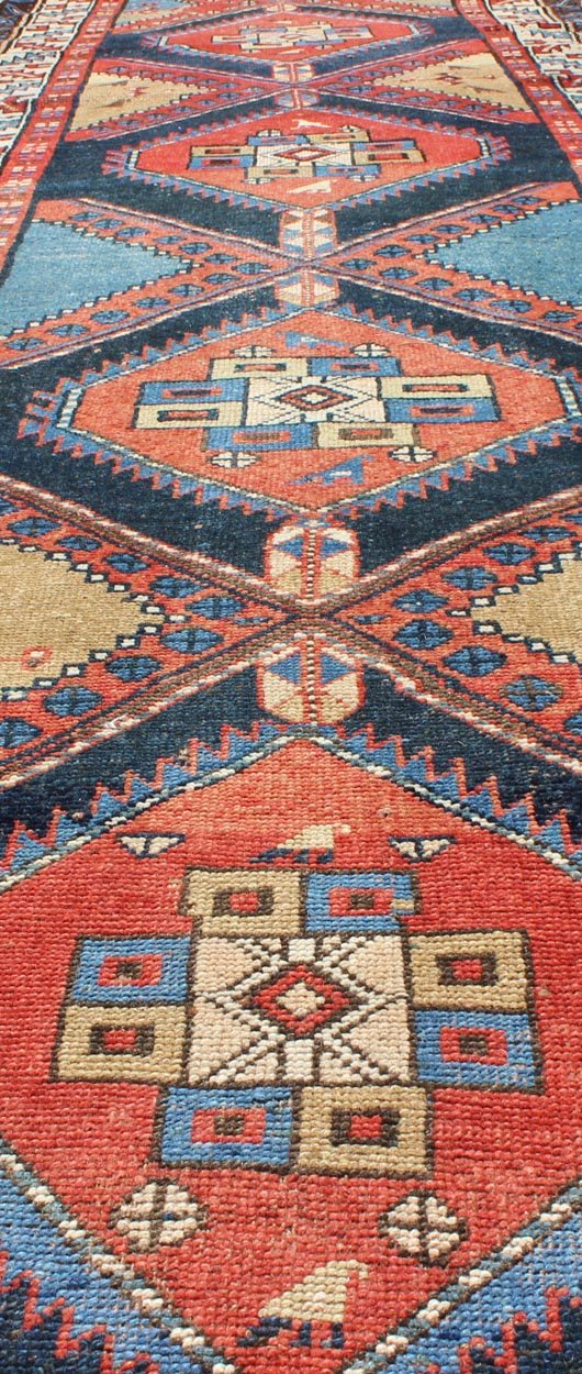 Bold Medallion Design Antique Hand Knotted Persian Heriz Runner in Red and Blue Tones Persian Heriz antique gallery rug with Sub - geometric medallion design in colorful tones, Keivan Woven Arts / rug gng - 4774, country of origin / type: Iran / Her... - Keivan Woven ArtsGNG - 4774 - 9972Rug