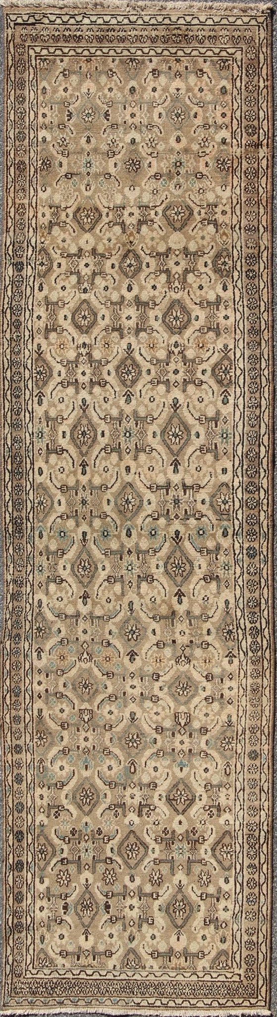 Antique Hamadan Runner in Neutral Warm Tones of Taupe, Brown, L. Brown Keivan Woven Arts - Antique all over geometric design Hamadan runner in neutral tones of taupe, brown, gray, with a pop of light blue rug H - 102 - 12, country of origin / type: Hama... - Keivan Woven ArtsH - 102 - 12 - 1764Rug