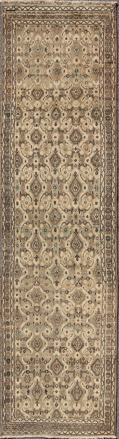 Antique Hamadan Runner in Neutral Warm Tones of Taupe, Brown, L. Brown Keivan Woven Arts - Antique all over geometric design Hamadan runner in neutral tones of taupe, brown, gray, with a pop of light blue rug H - 102 - 12, country of origin / type: Hama... - Keivan Woven ArtsH - 102 - 12 - 1764Rug