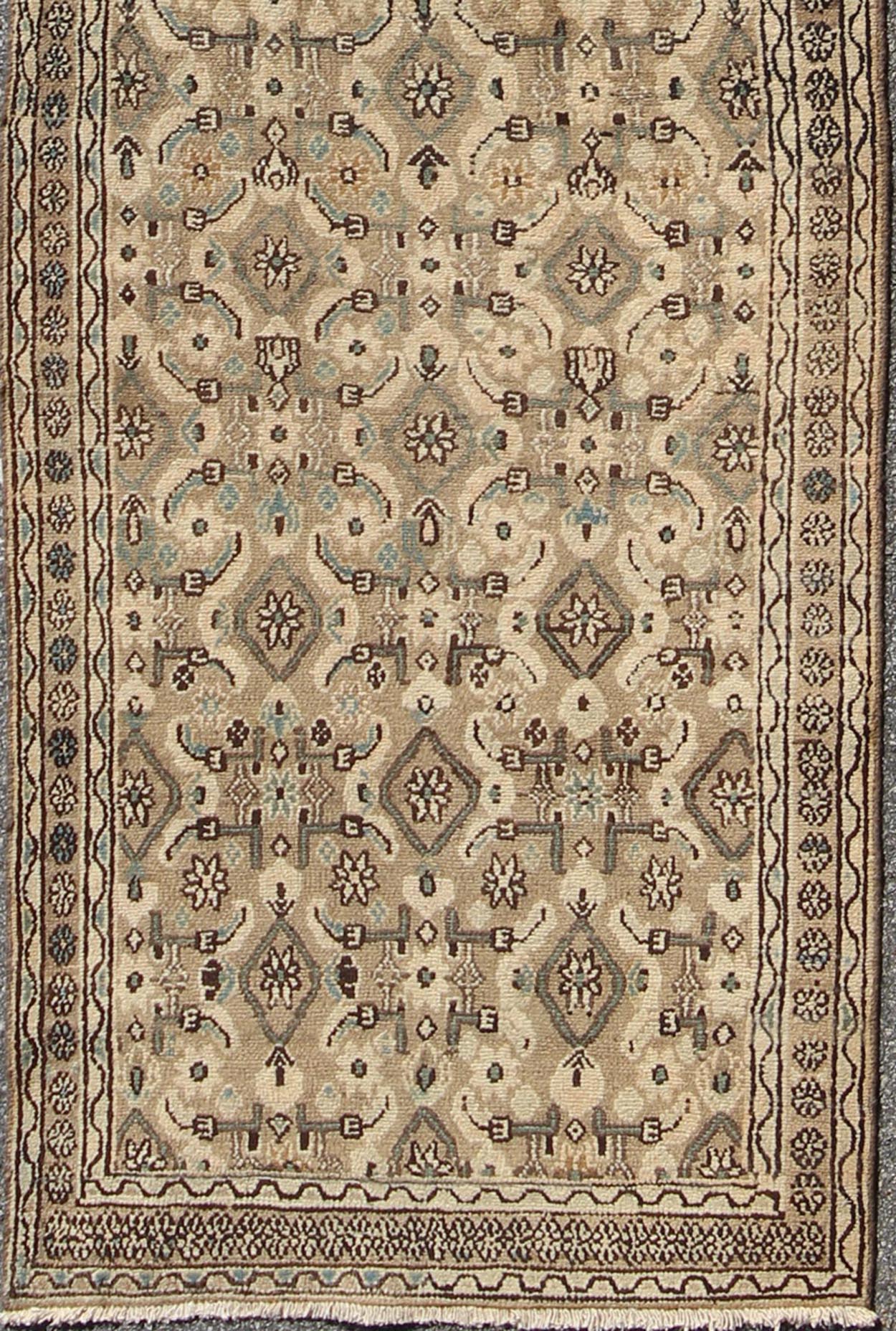 Antique Hamadan Runner in Neutral Warm Tones of Taupe, Brown, L. Brown Keivan Woven Arts - Antique all over geometric design Hamadan runner in neutral tones of taupe, brown, gray, with a pop of light blue rug H - 102 - 12, country of origin / type: Hama... - Keivan Woven ArtsH - 102 - 12 - 1764Rug