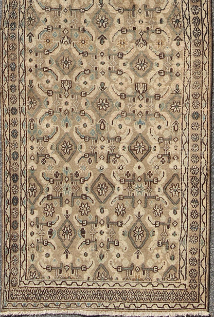 Antique Hamadan Runner in Neutral Warm Tones of Taupe, Brown, L. Brown Keivan Woven Arts - Antique all over geometric design Hamadan runner in neutral tones of taupe, brown, gray, with a pop of light blue rug H - 102 - 12, country of origin / type: Hama... - Keivan Woven ArtsH - 102 - 12 - 1764Rug