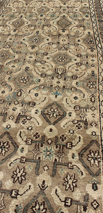 Antique Hamadan Runner in Neutral Warm Tones of Taupe, Brown, L. Brown Keivan Woven Arts - Antique all over geometric design Hamadan runner in neutral tones of taupe, brown, gray, with a pop of light blue rug H - 102 - 12, country of origin / type: Hama... - Keivan Woven ArtsH - 102 - 12 - 1764Rug