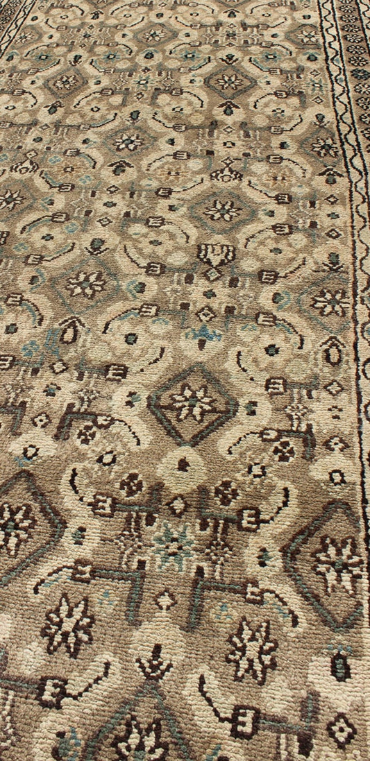 Antique Hamadan Runner in Neutral Warm Tones of Taupe, Brown, L. Brown Keivan Woven Arts - Antique all over geometric design Hamadan runner in neutral tones of taupe, brown, gray, with a pop of light blue rug H - 102 - 12, country of origin / type: Hama... - Keivan Woven ArtsH - 102 - 12 - 1764Rug