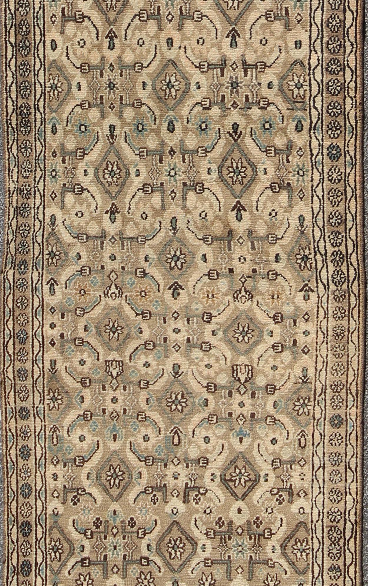 Antique Hamadan Runner in Neutral Warm Tones of Taupe, Brown, L. Brown Keivan Woven Arts - Antique all over geometric design Hamadan runner in neutral tones of taupe, brown, gray, with a pop of light blue rug H - 102 - 12, country of origin / type: Hama... - Keivan Woven ArtsH - 102 - 12 - 1764Rug