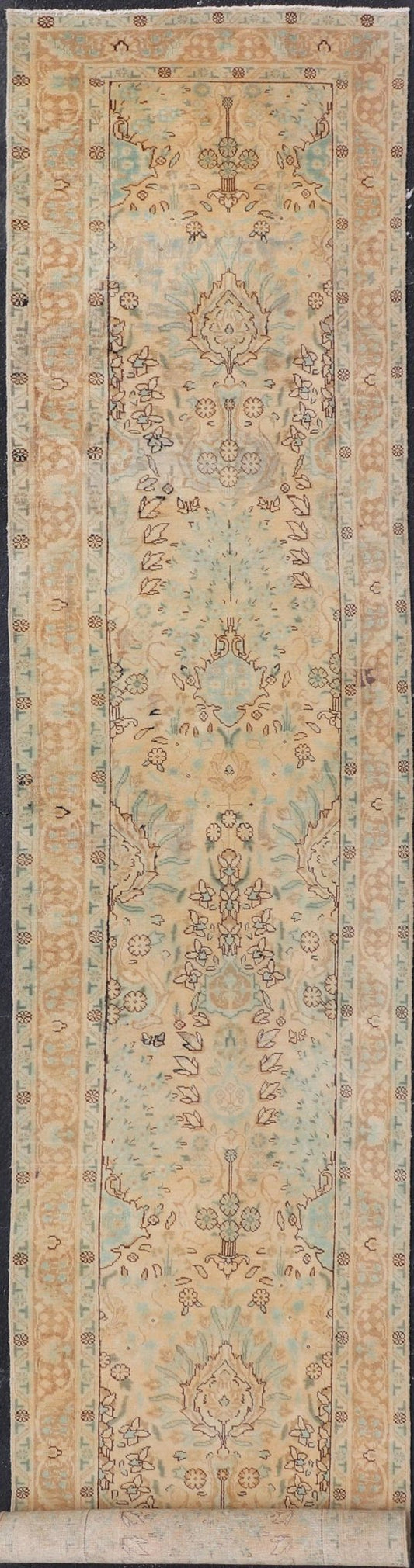 Vintage Persian Tabriz Long Runner in Taupe, Tan, Light Brown and D. Blue. Floral design vintage Persian Tabriz long runner in neutral tones of taupe, tan, brown, taupe, gray, light blue and dark blue. rug H - 102 - 13, country of origin / type: Ira... - Keivan Woven ArtsH - 102 - 13 - 1758Rug