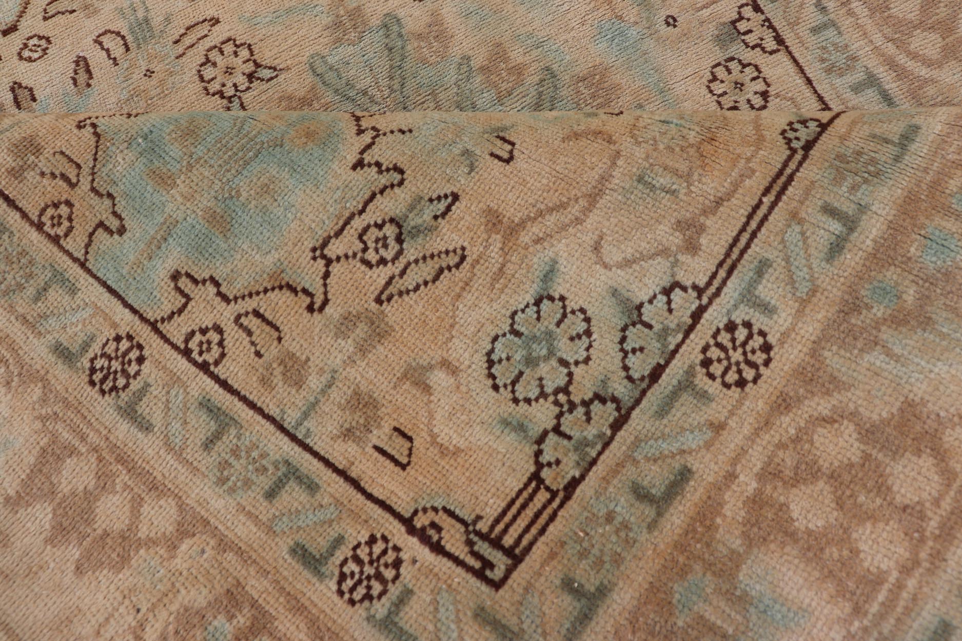 Vintage Persian Tabriz Long Runner in Taupe, Tan, Light Brown and D. Blue. Floral design vintage Persian Tabriz long runner in neutral tones of taupe, tan, brown, taupe, gray, light blue and dark blue. rug H - 102 - 13, country of origin / type: Ira... - Keivan Woven ArtsH - 102 - 13 - 1758Rug