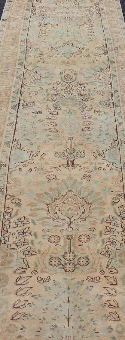 Vintage Persian Tabriz Long Runner in Taupe, Tan, Light Brown and D. Blue. Floral design vintage Persian Tabriz long runner in neutral tones of taupe, tan, brown, taupe, gray, light blue and dark blue. rug H - 102 - 13, country of origin / type: Ira... - Keivan Woven ArtsH - 102 - 13 - 1758Rug