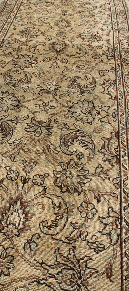 Keivan Woven Arts, H - 102 - 15, 1950's Vintage Tabriz Floral Runner with Brown and beige, natural colored. vintage Persian Tabriz runner with all - over floral design, rug h - 102 - 15, country of origin/ type: Iran / Tabriz, circa 1950 This Persian runn... - Keivan Woven ArtsH - 102 - 15 - 1768Rug
