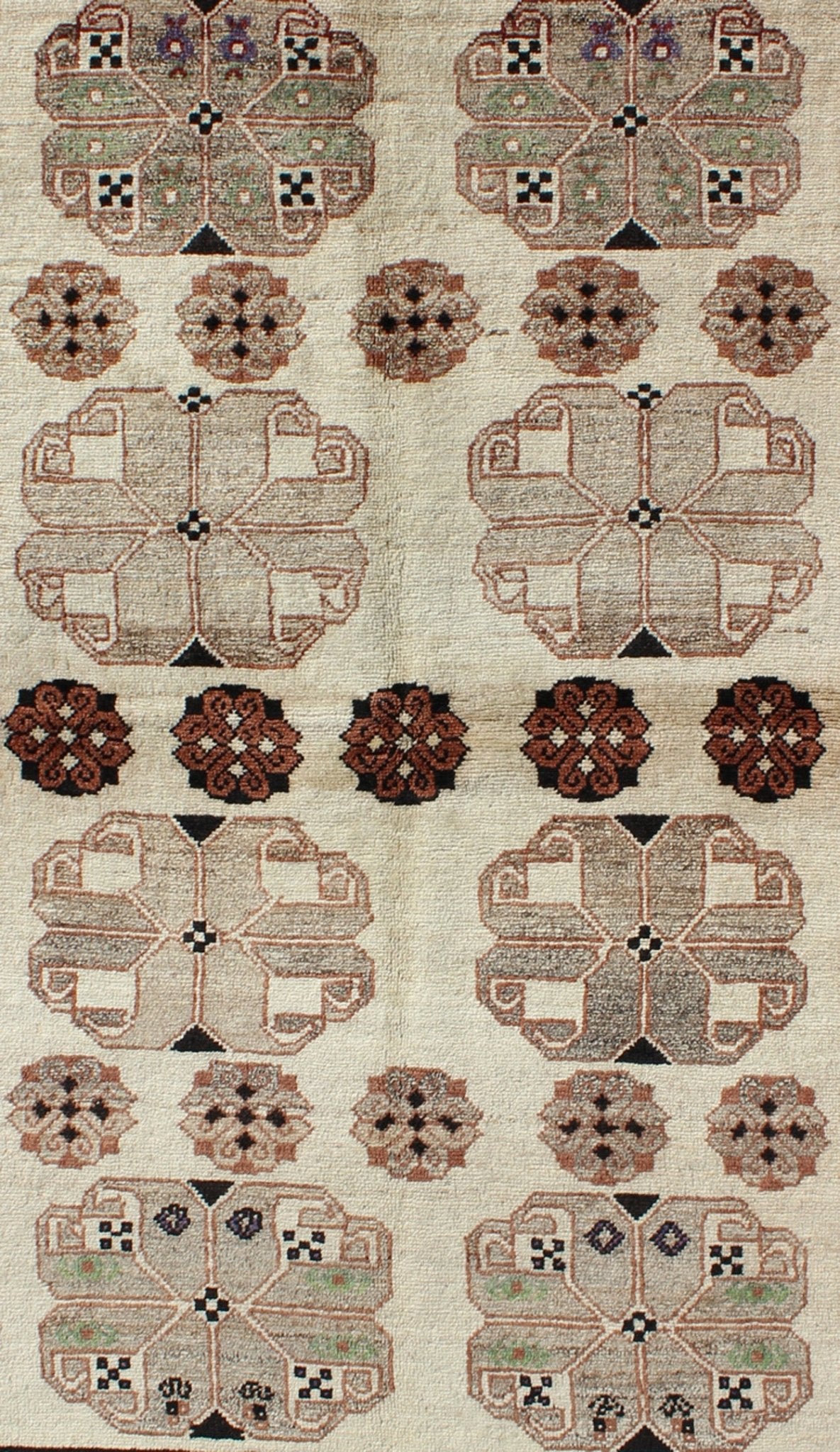Persian Gabbeh Vintage Rug With Blossom Medallions in Brown, Ivory, Taupe, Green and Black 1950s Persian Gabbeh vintage kwarugs h - 1205 - 04, country of origin / type: Iran / Gabbeh, circa 1950 This high - pile mid - 20th century vintage Persian Gabbeh... - Keivan Woven ArtsH - 1205 - 04 - 4138Rug