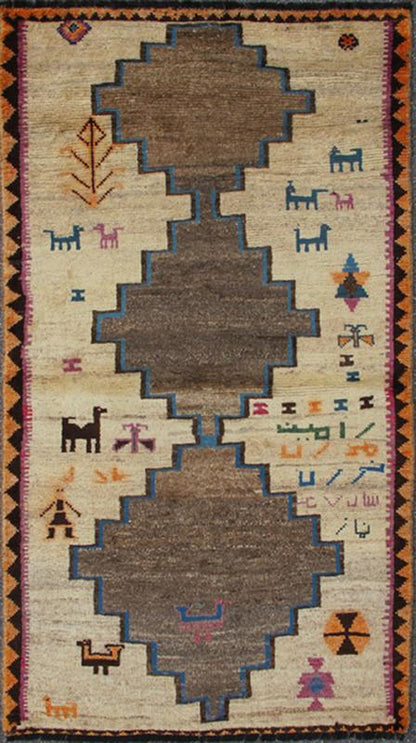 Persian Vintage Unique Gabbeh Rug With Tribal Design of Medallions and Tribal Figures Keivan Woven Arts - Persian Gabbeh vintage rug with medallions in brown, cream, red and green, rug H - 1205 - 05, country of origin / type: Iran / Gabbeh, circa 1950... - Keivan Woven ArtsH - 1205 - 05 - 4142Rug