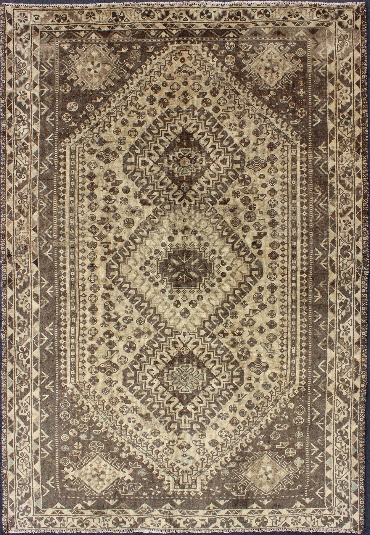 Keivan Woven Arts, H - 1211 - 40, 1950s Semi - Antique Rug Vintage Persian Shiraz with Tribal Design and Neutral Colors This vintage Persian rug features a central medallion design in a neutral color palette with brown outlines. The geometric,... - Keivan Woven ArtsH - 1211 - 40 - 3774Rug