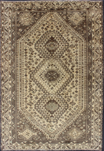 Keivan Woven Arts, H - 1211 - 40, 1950s Semi - Antique Rug Vintage Persian Shiraz with Tribal Design and Neutral Colors This vintage Persian rug features a central medallion design in a neutral color palette with brown outlines. The geometric,... - Keivan Woven ArtsH - 1211 - 40 - 3774Rug