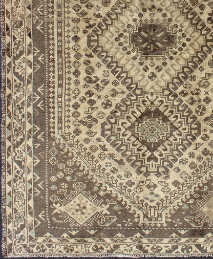 Keivan Woven Arts, H - 1211 - 40, 1950s Semi - Antique Rug Vintage Persian Shiraz with Tribal Design and Neutral Colors This vintage Persian rug features a central medallion design in a neutral color palette with brown outlines. The geometric,... - Keivan Woven ArtsH - 1211 - 40 - 3774Rug