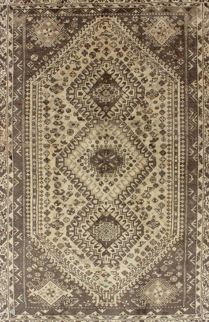 Keivan Woven Arts, H - 1211 - 40, 1950s Semi - Antique Rug Vintage Persian Shiraz with Tribal Design and Neutral Colors This vintage Persian rug features a central medallion design in a neutral color palette with brown outlines. The geometric,... - Keivan Woven ArtsH - 1211 - 40 - 3774Rug