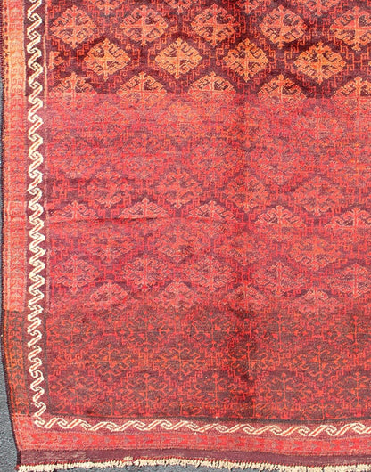 Keivan Woven Arts, H - 1211 - 48, 1950's Semi Antique Tribal Balouchi Rug. This Semi Antique Balouchi rug was woven in 1950 and features a unique all - over design of repeating diamond - shaped motifs in Red , outlined by interconnected latch - hooks. The bo... - Keivan Woven ArtsH - 1211 - 48 - 3778Rug