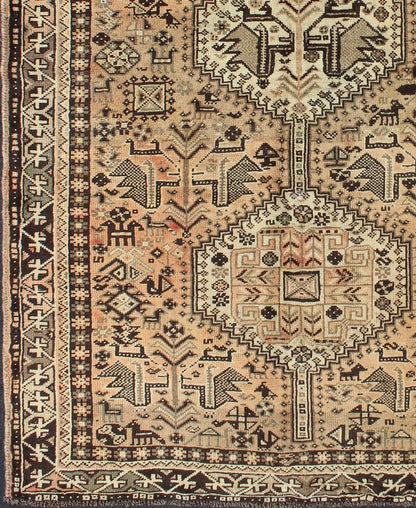 Brown Peach Vintage Persian Shiraz Rug with Vertical Sub - Geometric Medallions Peach, Brown, Taupe Vintage Persian Shiraz rug with Vertical Sub - Geometric Medallions, Keivan Woven Arts / rug H - 1211 - 56, country of origin / type: Iran / Shiraz, circ... - Keivan Woven ArtsH - 1211 - 56 - 3786Rug