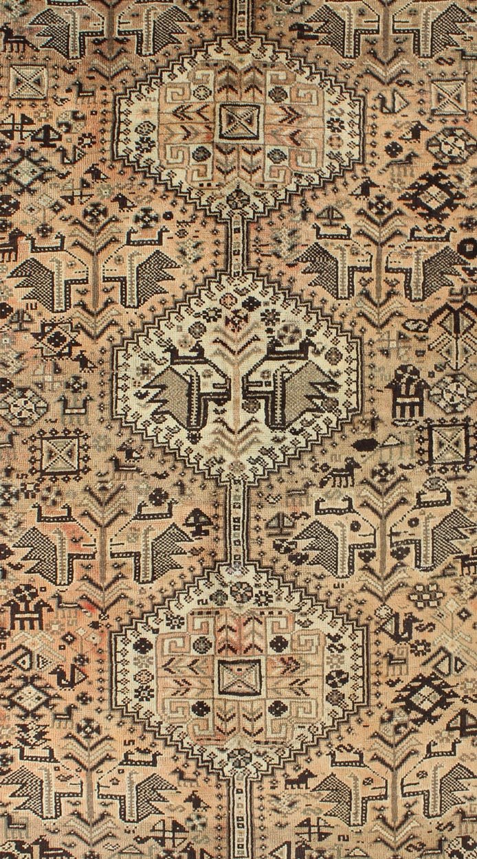 Brown Peach Vintage Persian Shiraz Rug with Vertical Sub - Geometric Medallions Peach, Brown, Taupe Vintage Persian Shiraz rug with Vertical Sub - Geometric Medallions, Keivan Woven Arts / rug H - 1211 - 56, country of origin / type: Iran / Shiraz, circ... - Keivan Woven ArtsH - 1211 - 56 - 3786Rug