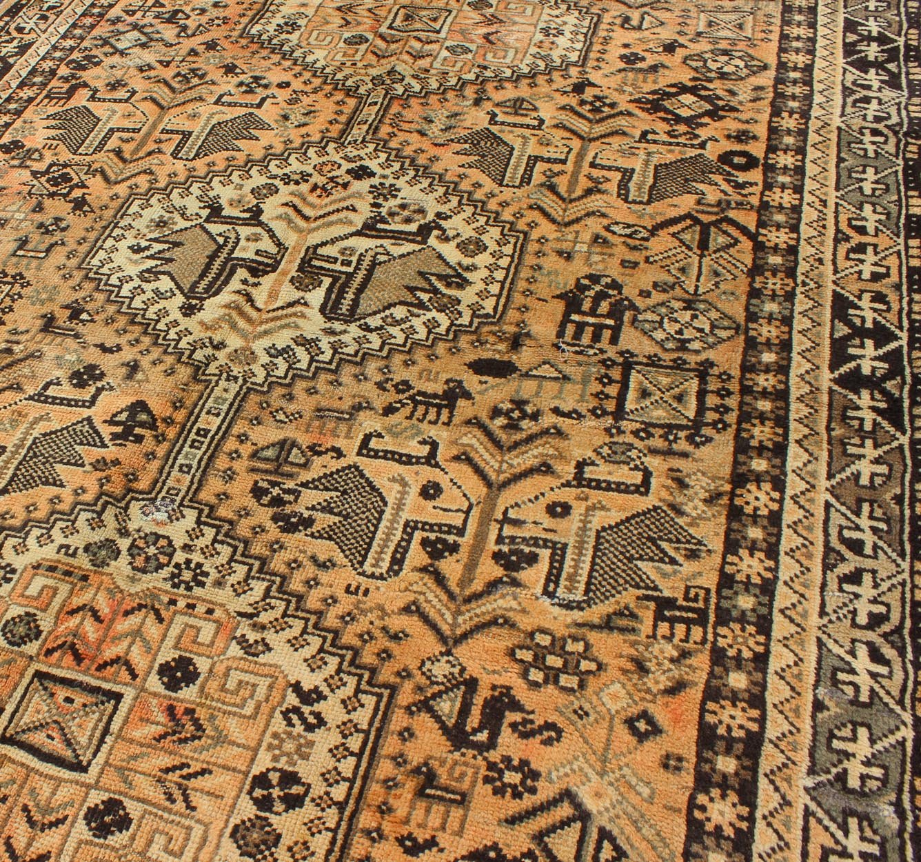 Brown Peach Vintage Persian Shiraz Rug with Vertical Sub - Geometric Medallions Peach, Brown, Taupe Vintage Persian Shiraz rug with Vertical Sub - Geometric Medallions, Keivan Woven Arts / rug H - 1211 - 56, country of origin / type: Iran / Shiraz, circ... - Keivan Woven ArtsH - 1211 - 56 - 3786Rug