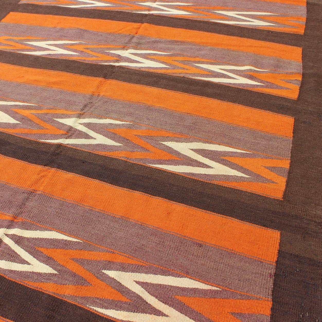 Keivan Woven Arts, H - 1306 - 23, Long Vintage Kilim wide Runner with a Modern Design. This large Gallery vintage Persian Kilim runner in orange, brown, gray - purple, rug h - 1306 - 23, country of origin / type: Iran / Kilim, circa 1960. Featuring a repeatin... - Keivan Woven ArtsH - 1306 - 23 - 4268Rug